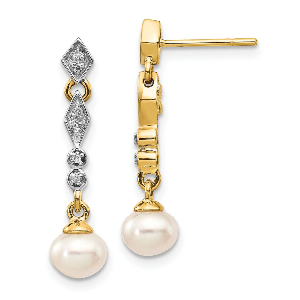 14k w/Rhodium 5-6mm Semi-round FWC Pearl .04ct Diamond Earrings-XE1802P/A