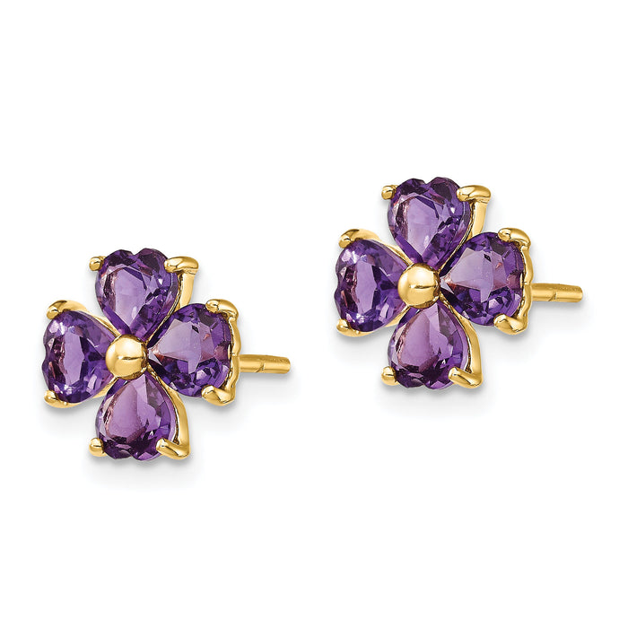 14k Heart-shaped Amethyst Flower Post Earrings-XE1936AM