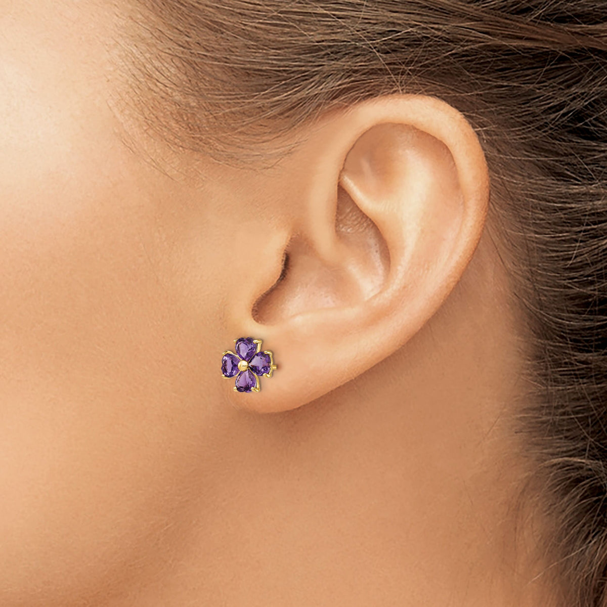 14k Heart-shaped Amethyst Flower Post Earrings-XE1936AM