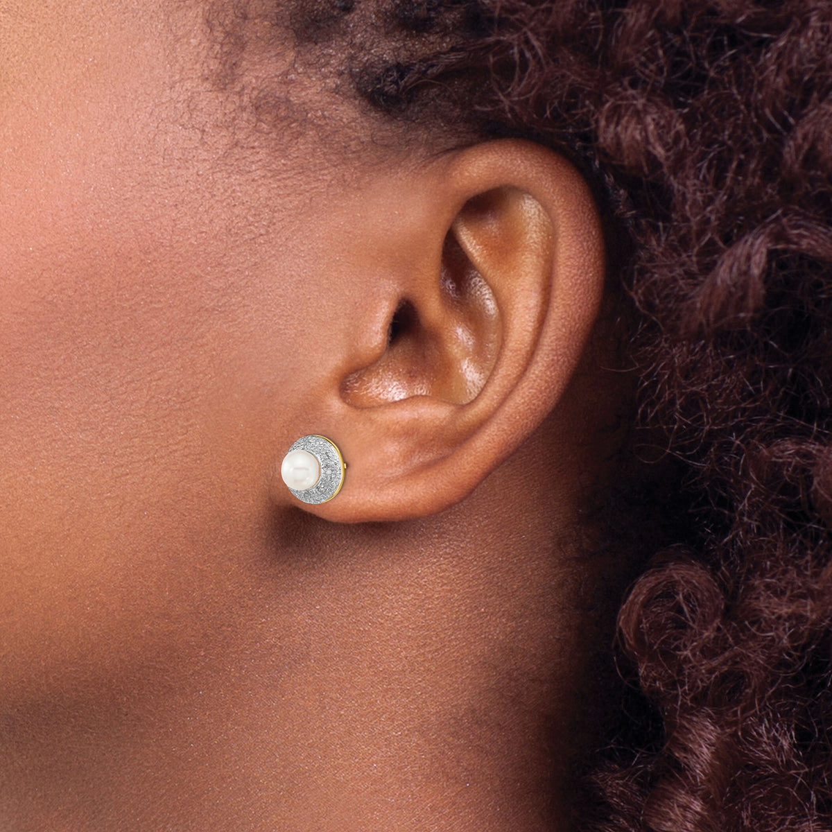 14k and Rhodium 5-6mm Button FWC Pearl .05ct Diamond Post Earrings-XE1971P/A