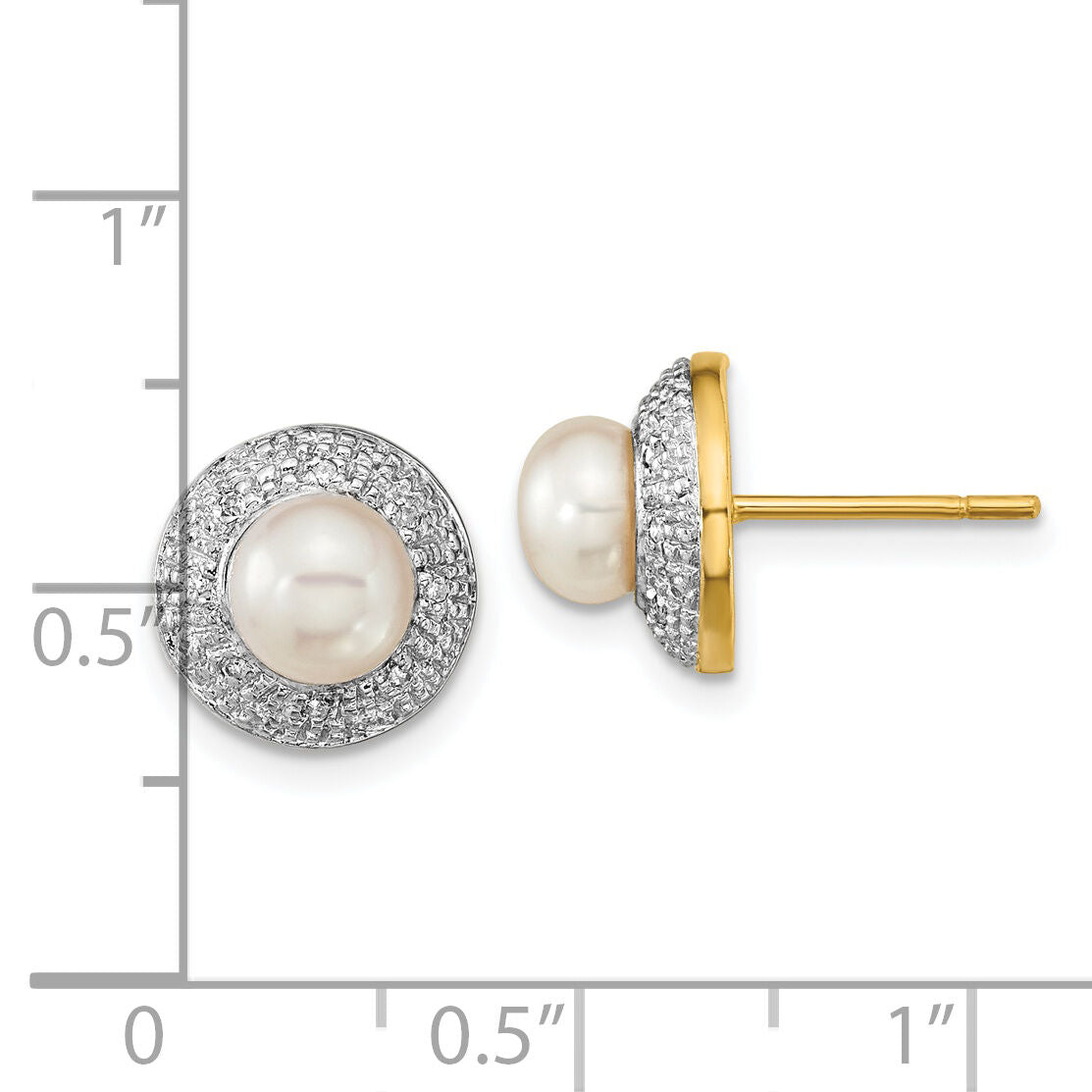 14k and Rhodium 5-6mm Button FWC Pearl .05ct Diamond Post Earrings-XE1971P/A