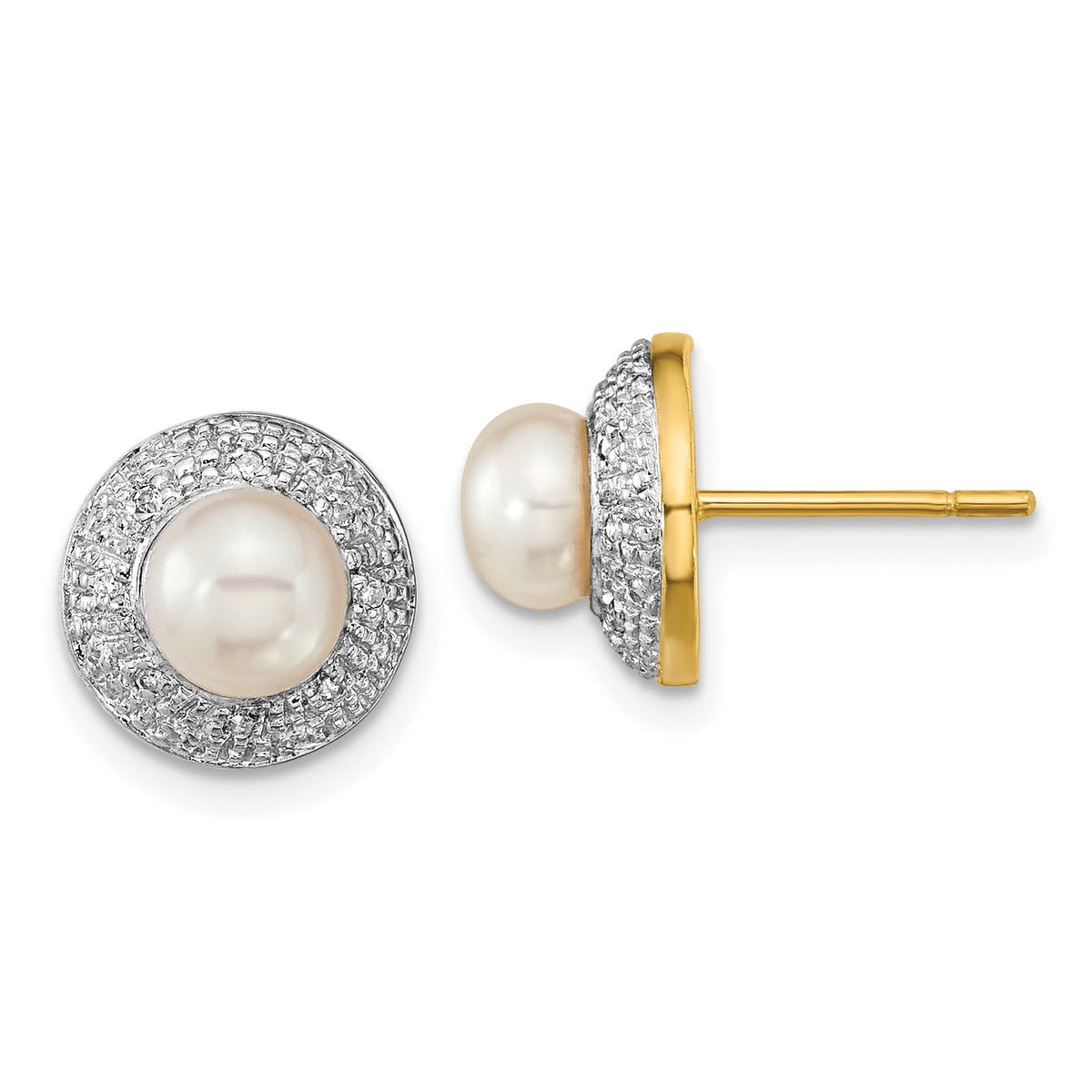 14k and Rhodium 5-6mm Button FWC Pearl .05ct Diamond Post Earrings-XE1971P/A