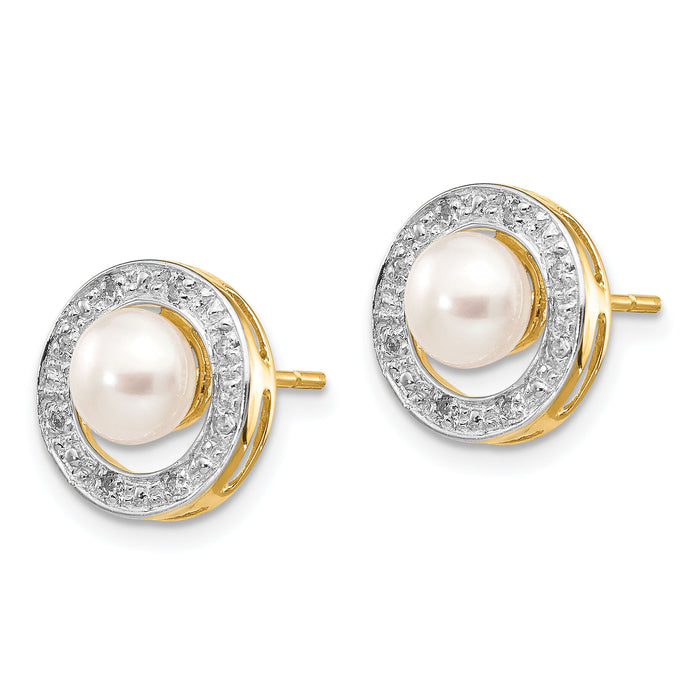 14k and Rhodium 5-6mm Button FWC Pearl .05ct Diamond Post Earrings-XE1972P/A