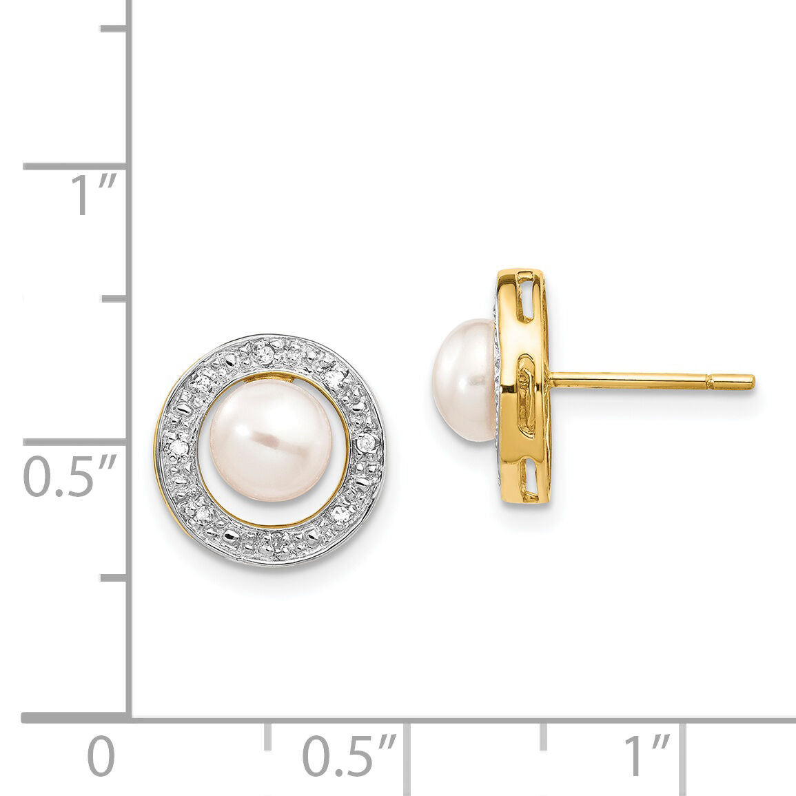 14k and Rhodium 5-6mm Button FWC Pearl .05ct Diamond Post Earrings-XE1972P/A