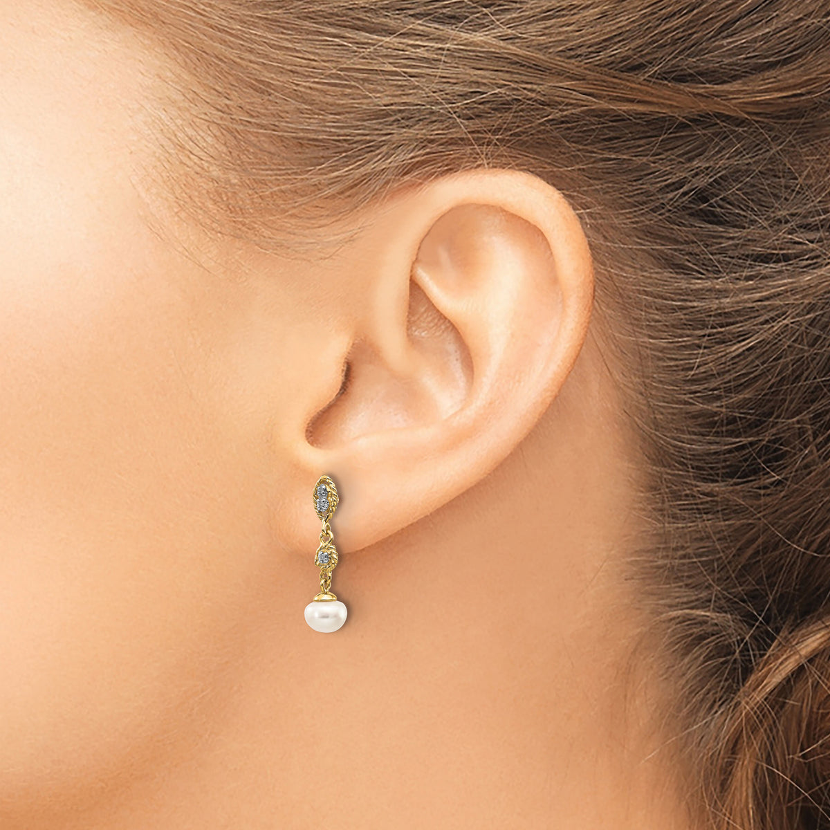 14k w/Rhodium 6-7mm Semi-round FWC Pearl .02ct Diamond Earrings-XE1975P/A
