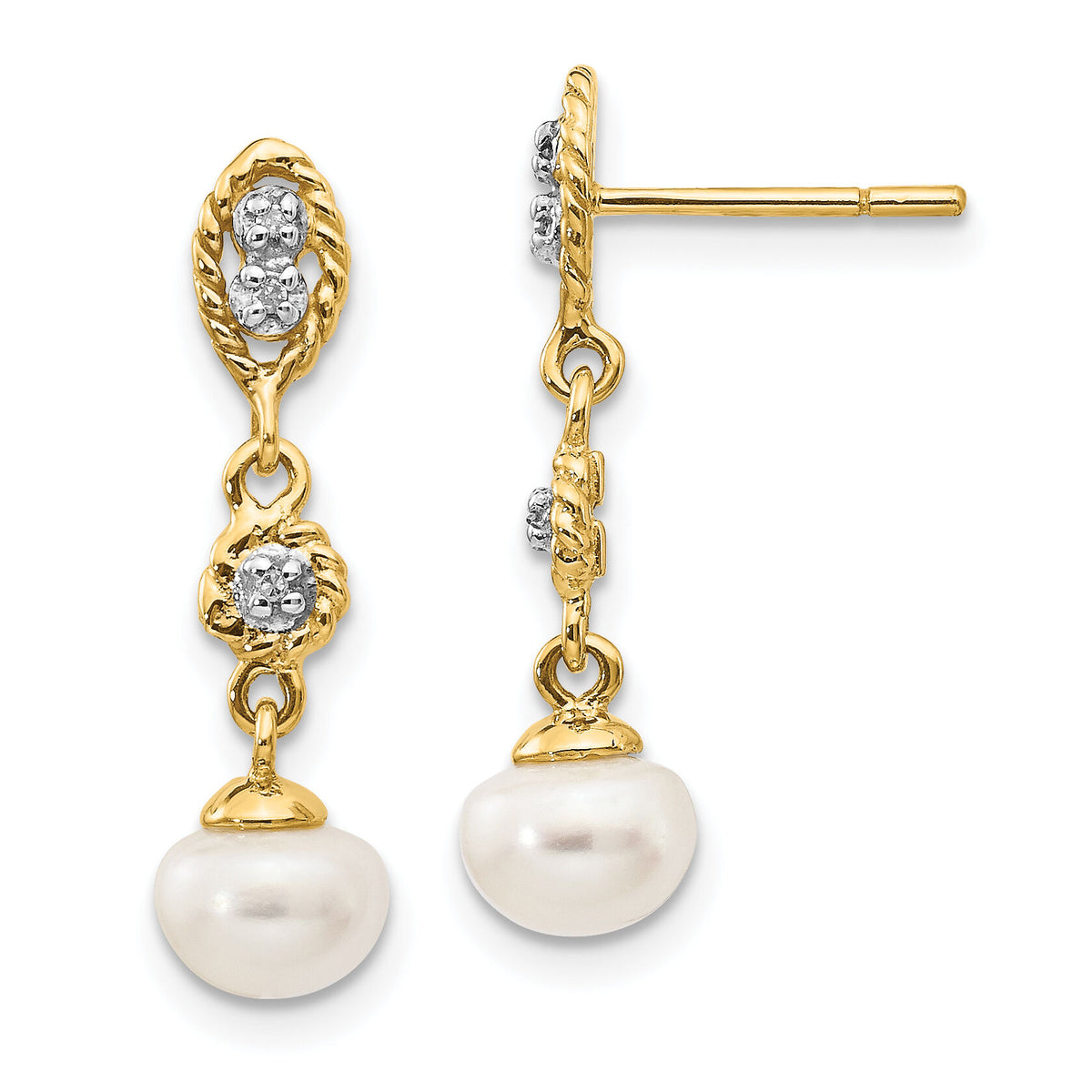 14k w/Rhodium 6-7mm Semi-round FWC Pearl .02ct Diamond Earrings-XE1975P/A
