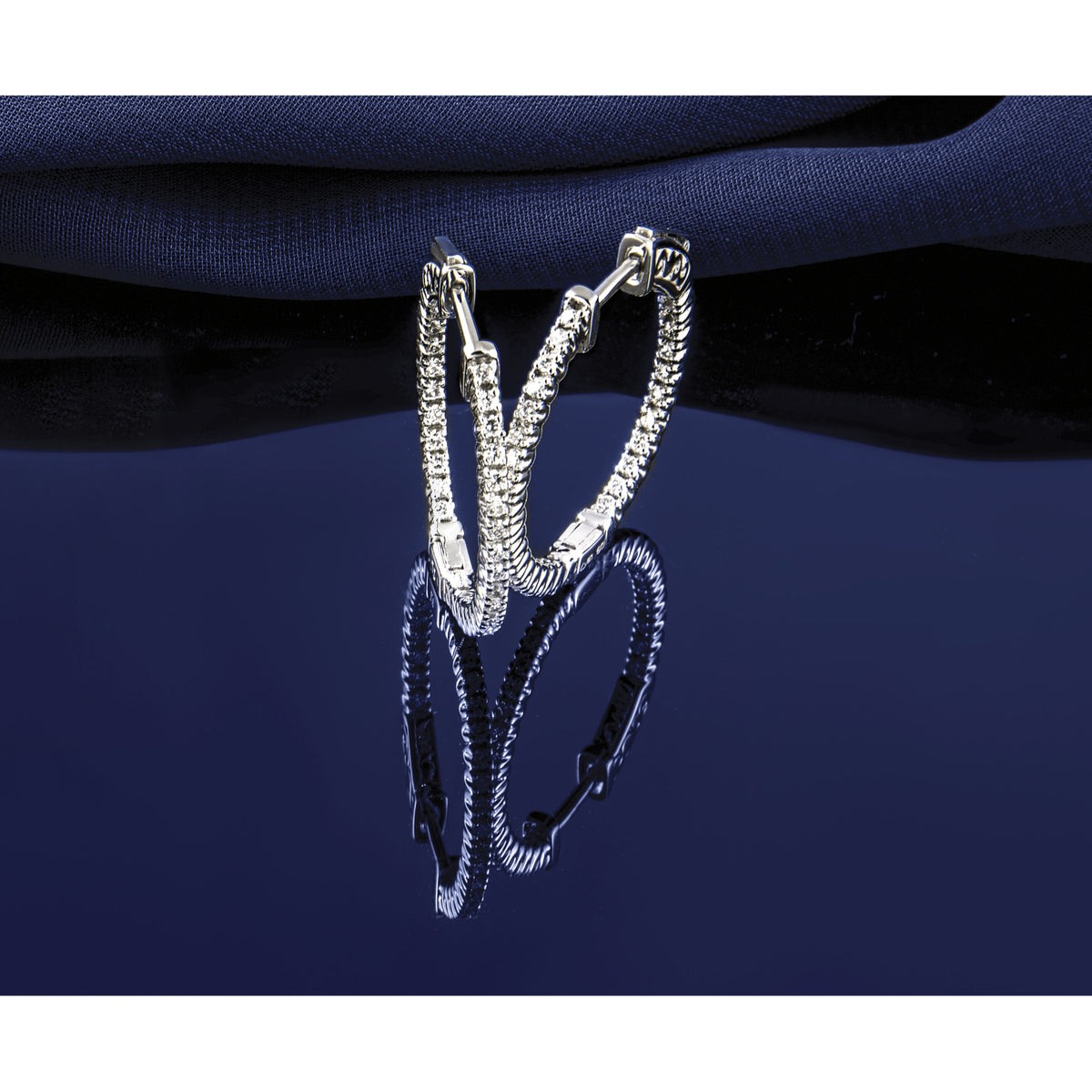 14k White Gold Diamond Round Hoop w/Safety Clasp Earrings-XE1984WAA