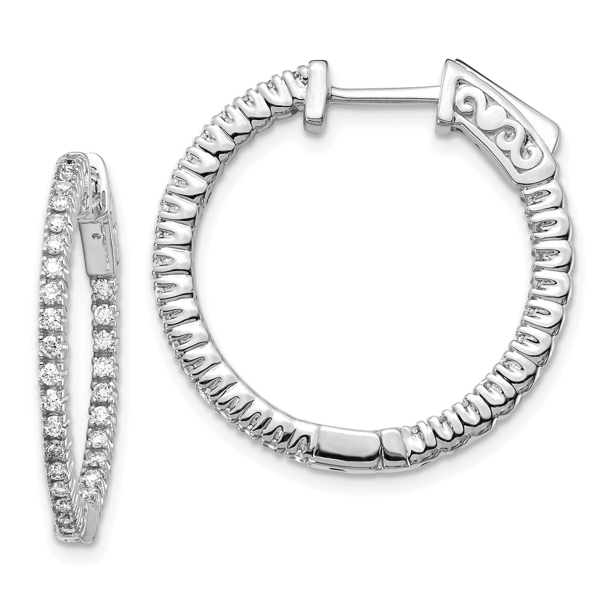 14k White Gold Diamond Round Hoop w/Safety Clasp Earrings-XE1984WAA