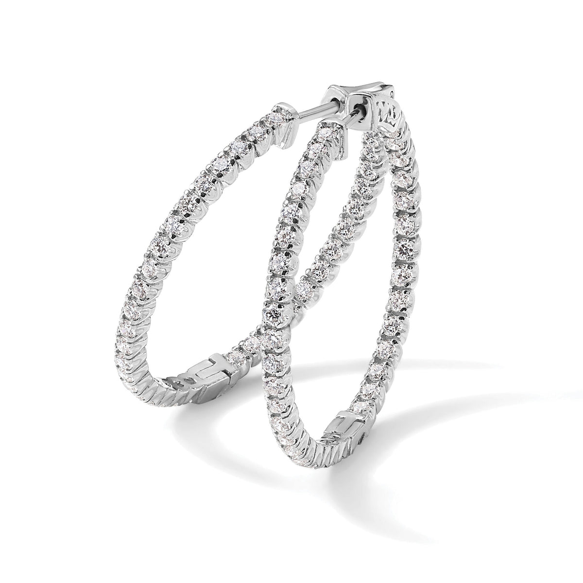 14k White Gold Diamond Round Hoop w/Safety Clasp Earrings-XE1989WAA