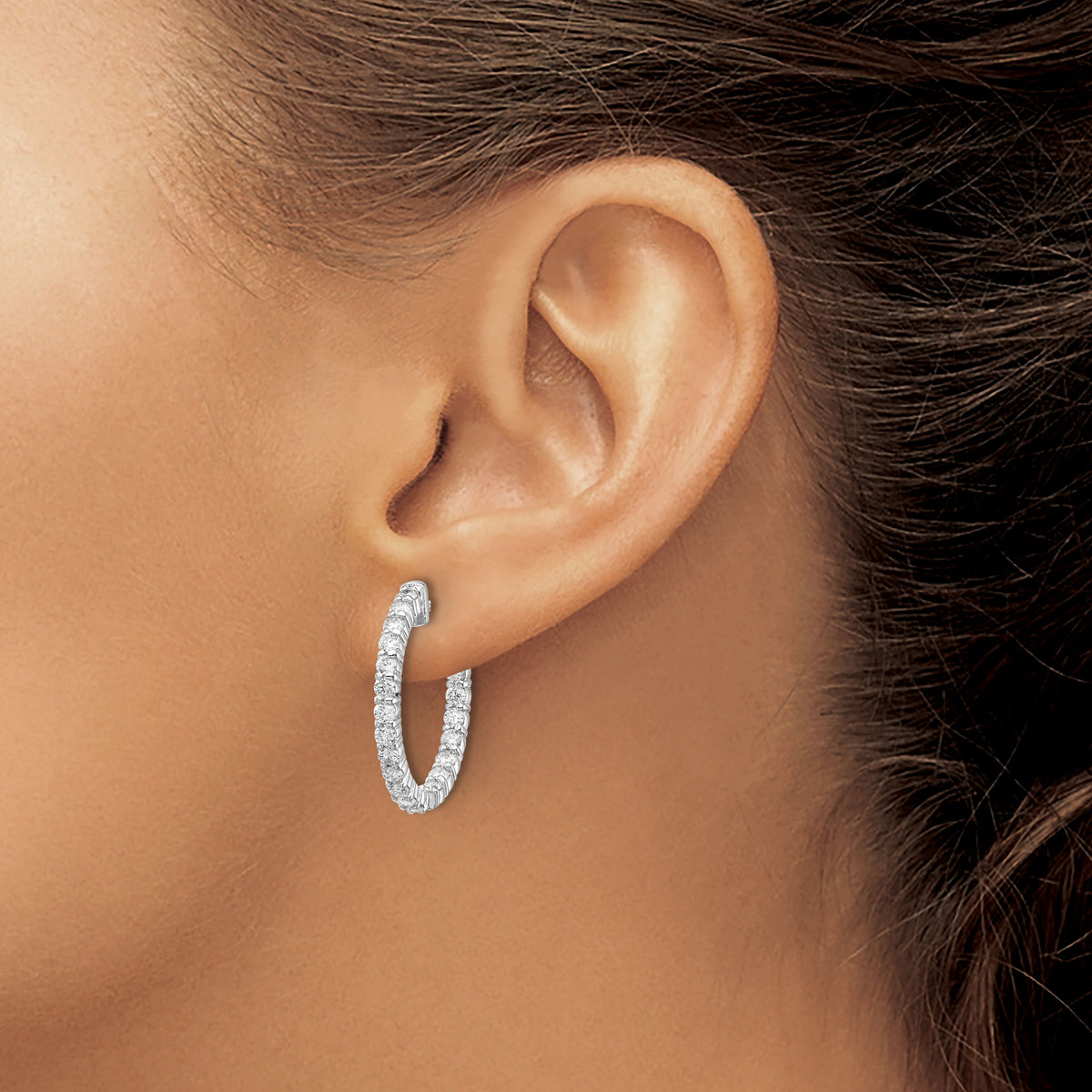 14k White Gold Diamond Round Hoop w/Safety Clasp Earrings-XE1994WAA