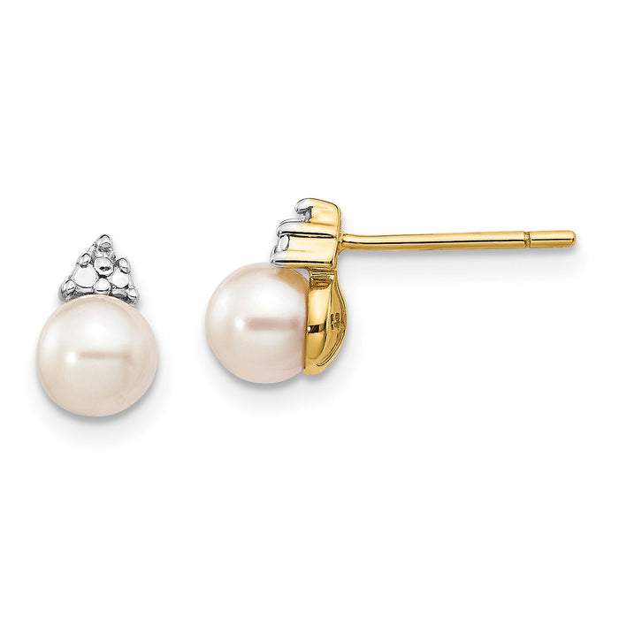 14k 5-6mm White Round FWC Pearl .01ct Diamond Post Earrings-XE2492AA