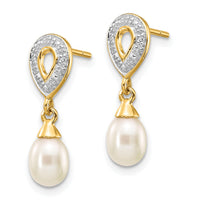 14k 7x5mm White Teardrop FWC Pearl .01ct Diamond Dangle Earrings-XE2494AA