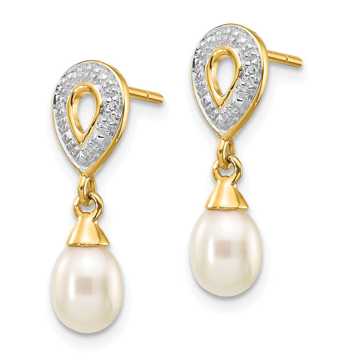 14k 7x5mm White Teardrop FWC Pearl .01ct Diamond Dangle Earrings-XE2494AA