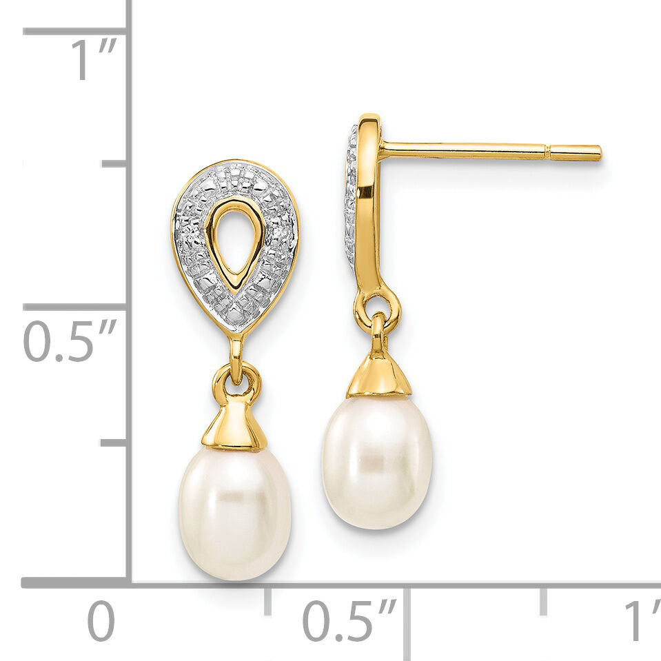 14k 7x5mm White Teardrop FWC Pearl .01ct Diamond Dangle Earrings-XE2494AA