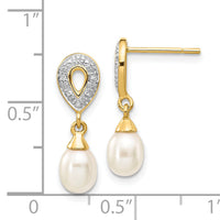 14k 7x5mm White Teardrop FWC Pearl .01ct Diamond Dangle Earrings-XE2494AA