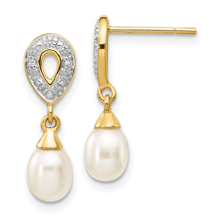 14k 7x5mm White Teardrop FWC Pearl .01ct Diamond Dangle Earrings-XE2494AA