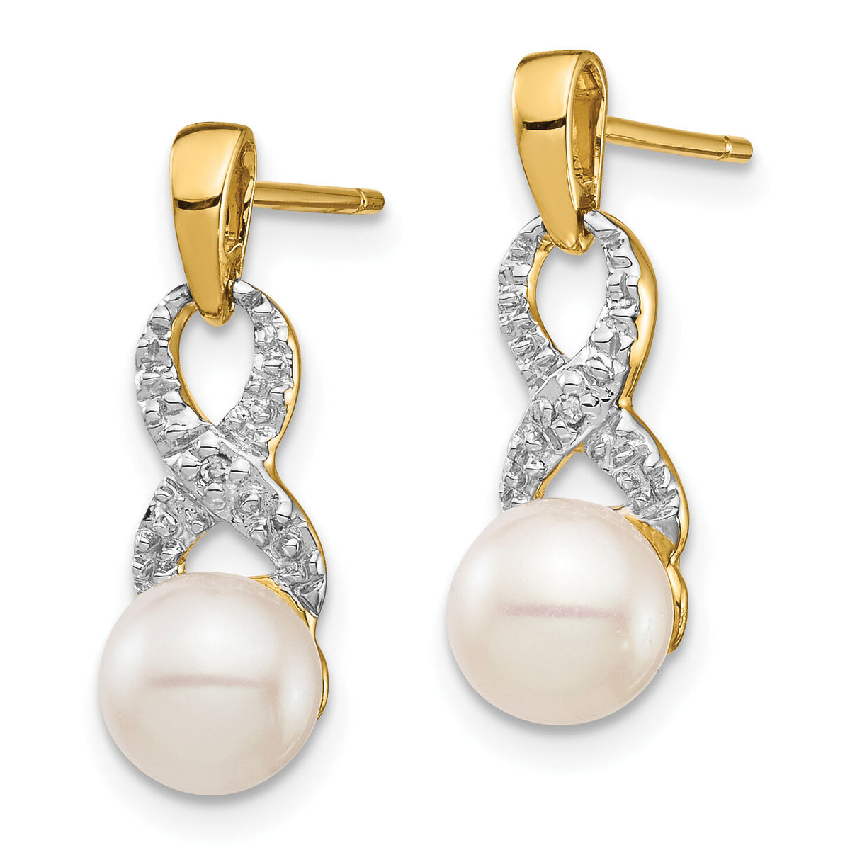 14k 6-7mm White Round FWC Pearl .01 Diamond Dangle Earrings-XE2495AA