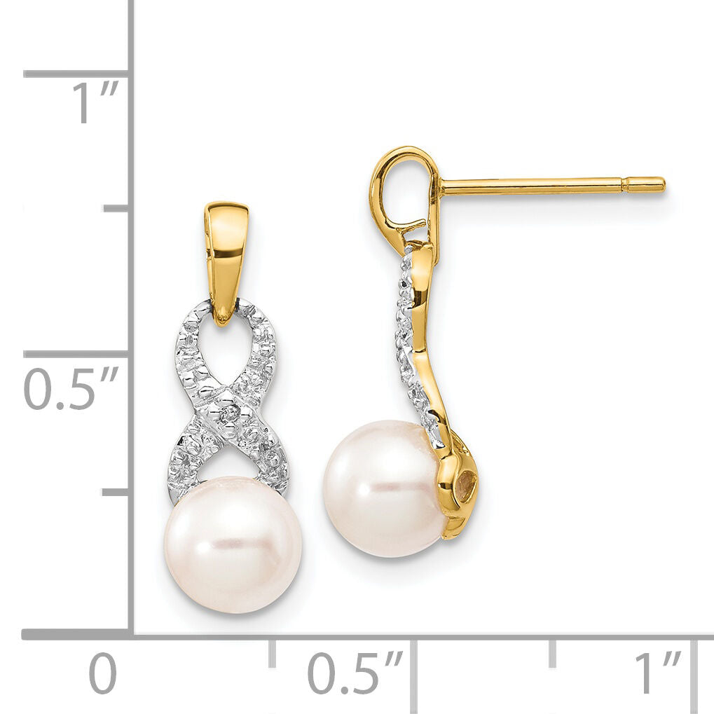 14k 6-7mm White Round FWC Pearl .01 Diamond Dangle Earrings-XE2495AA
