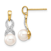 14k 6-7mm White Round FWC Pearl .01 Diamond Dangle Earrings-XE2495AA
