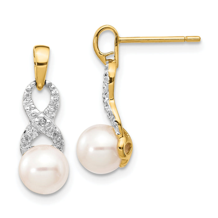 14k 6-7mm White Round FWC Pearl .01 Diamond Dangle Earrings-XE2495AA