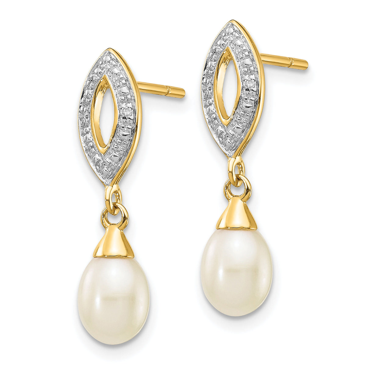14k 7x5mm White Teardrop FWC Pearl .01ct Diamond Dangle Earrings-XE2496AA