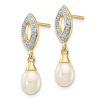 14k 7x5mm White Teardrop FWC Pearl .01ct Diamond Dangle Earrings-XE2496AA