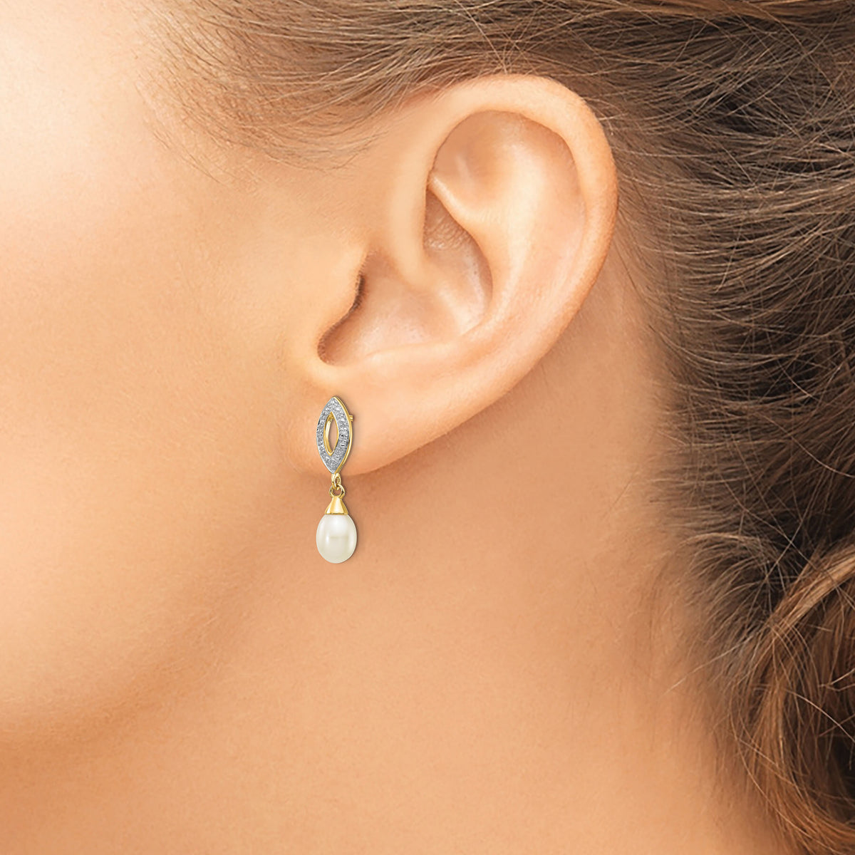 14k 7x5mm White Teardrop FWC Pearl .01ct Diamond Dangle Earrings-XE2496AA