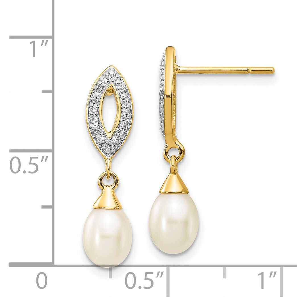 14k 7x5mm White Teardrop FWC Pearl .01ct Diamond Dangle Earrings-XE2496AA