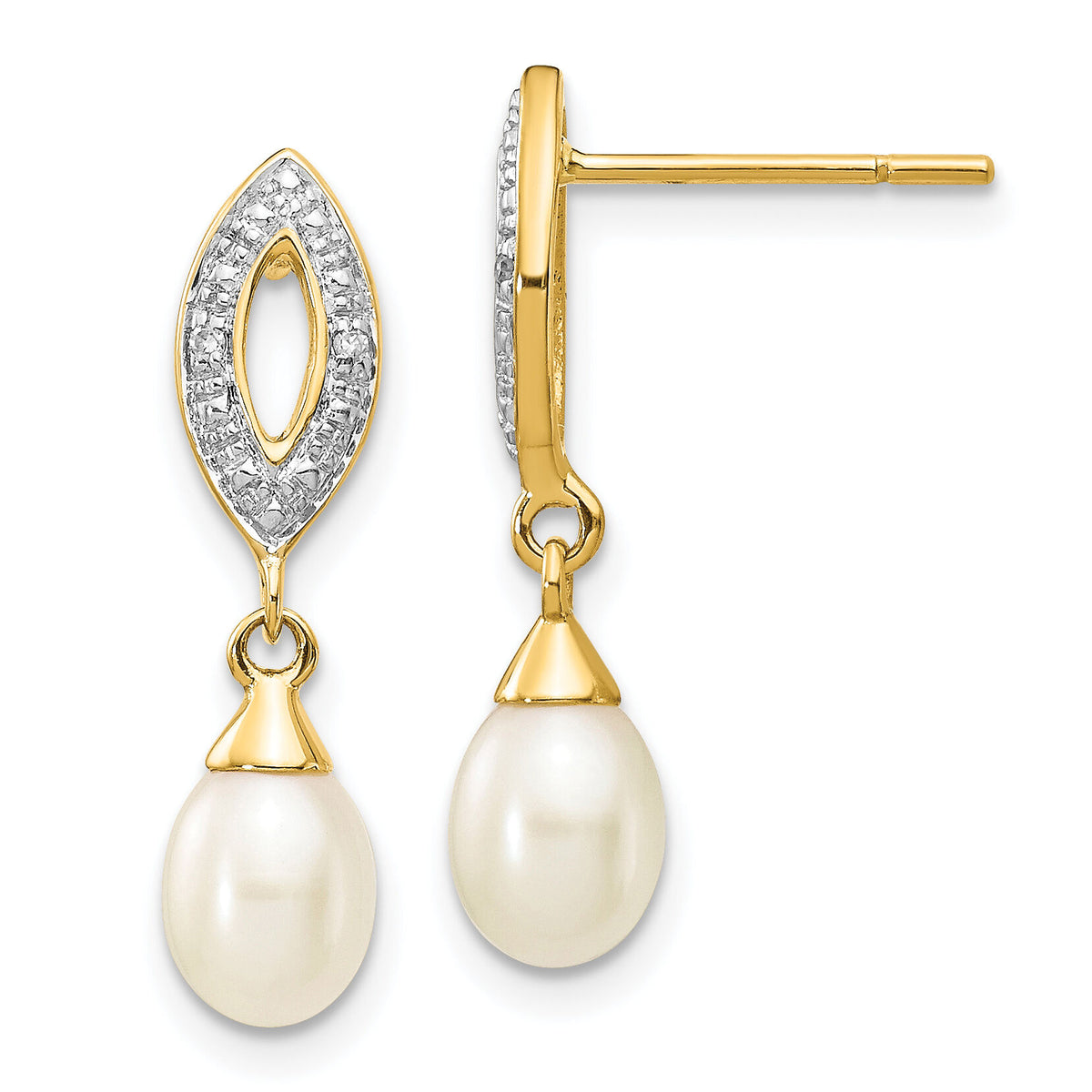 14k 7x5mm White Teardrop FWC Pearl .01ct Diamond Dangle Earrings-XE2496AA