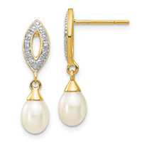 14k 7x5mm White Teardrop FWC Pearl .01ct Diamond Dangle Earrings-XE2496AA