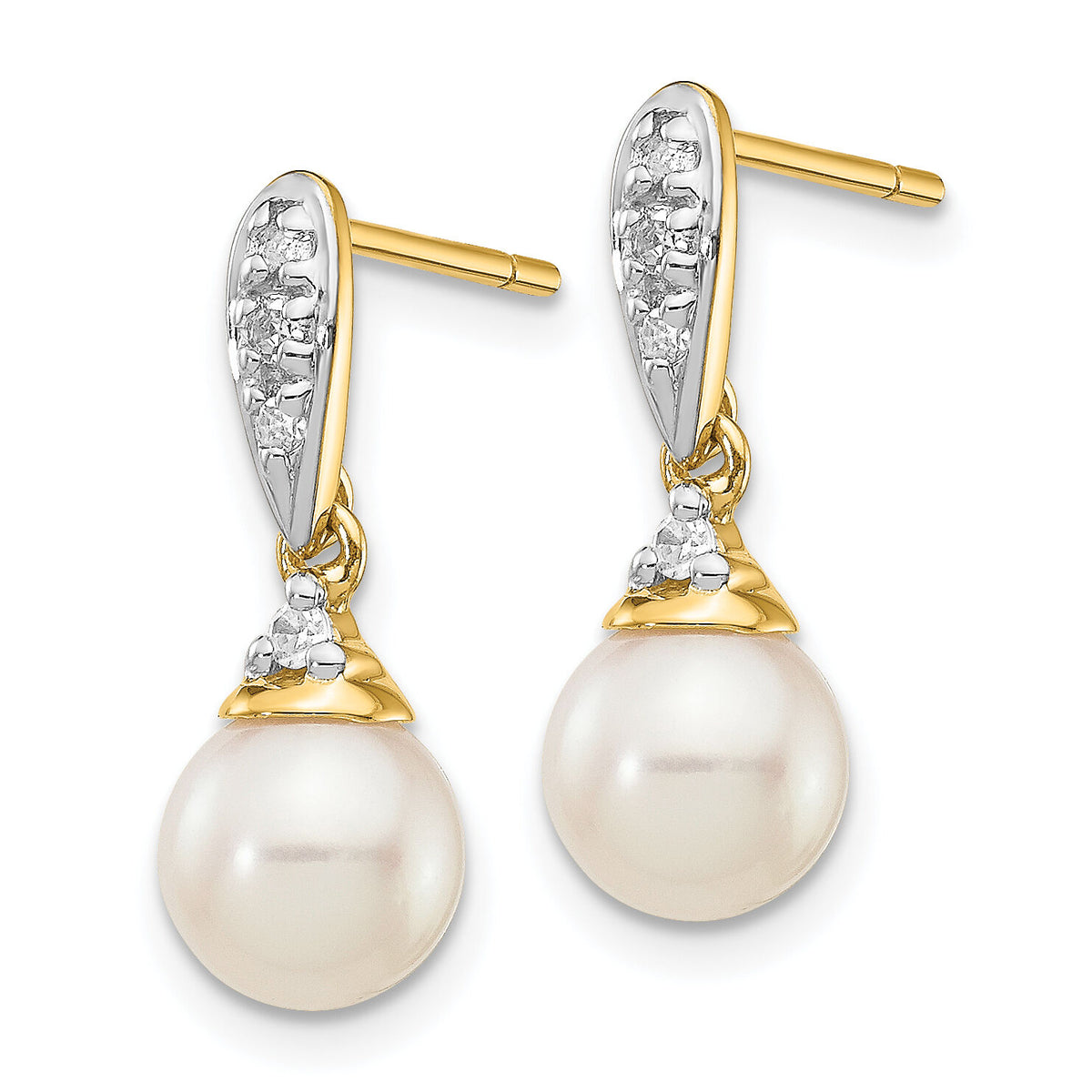 14k 6-7mm White Round FWC Pearl .08ct Diamond Dangle Earrings-XE2497AA