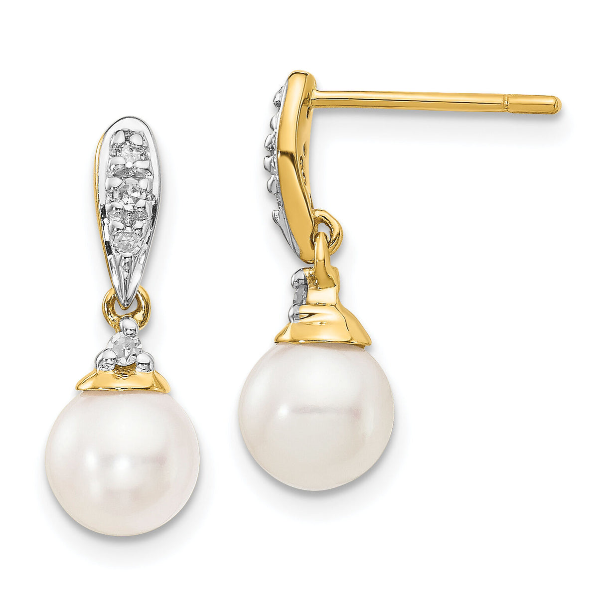 14k 6-7mm White Round FWC Pearl .08ct Diamond Dangle Earrings-XE2497AA