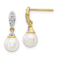 14k 6-7mm White Round FWC Pearl .08ct Diamond Dangle Earrings-XE2497AA