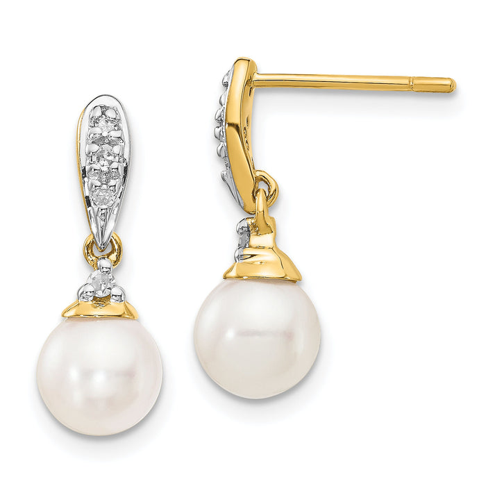 14k 6-7mm White Round FWC Pearl .08ct Diamond Dangle Earrings-XE2497AA