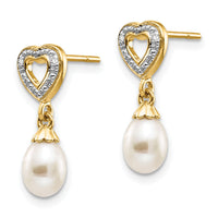 14k 7x5mm Teardrop FWC Pearl .01ct Heart Diamond Dangle Earrings-XE2498AA