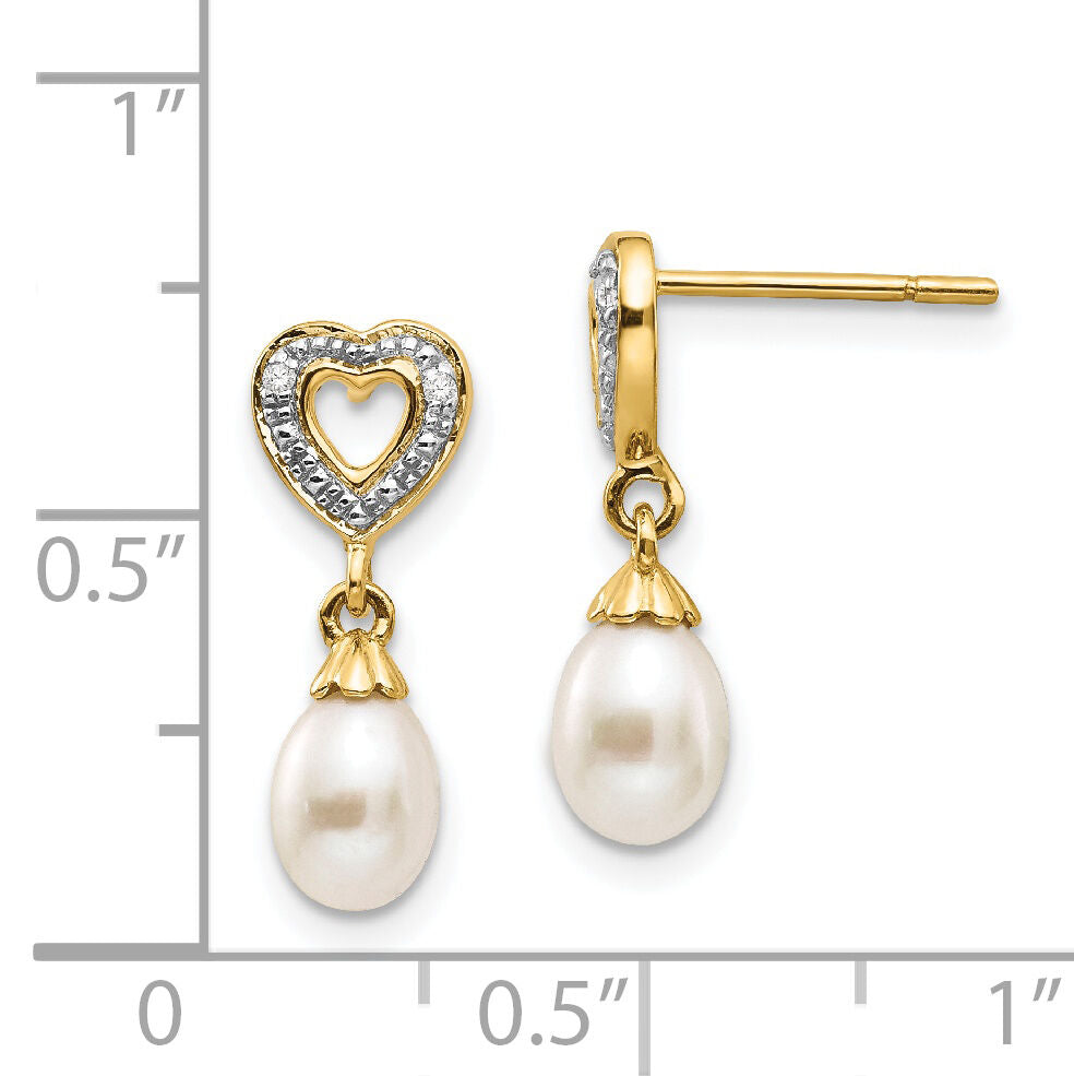 14k 7x5mm Teardrop FWC Pearl .01ct Heart Diamond Dangle Earrings-XE2498AA