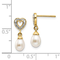 14k 7x5mm Teardrop FWC Pearl .01ct Heart Diamond Dangle Earrings-XE2498AA