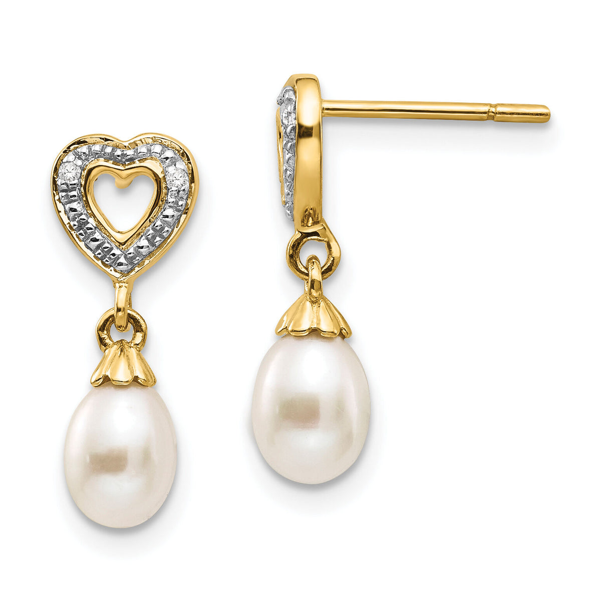 14k 7x5mm Teardrop FWC Pearl .01ct Heart Diamond Dangle Earrings-XE2498AA