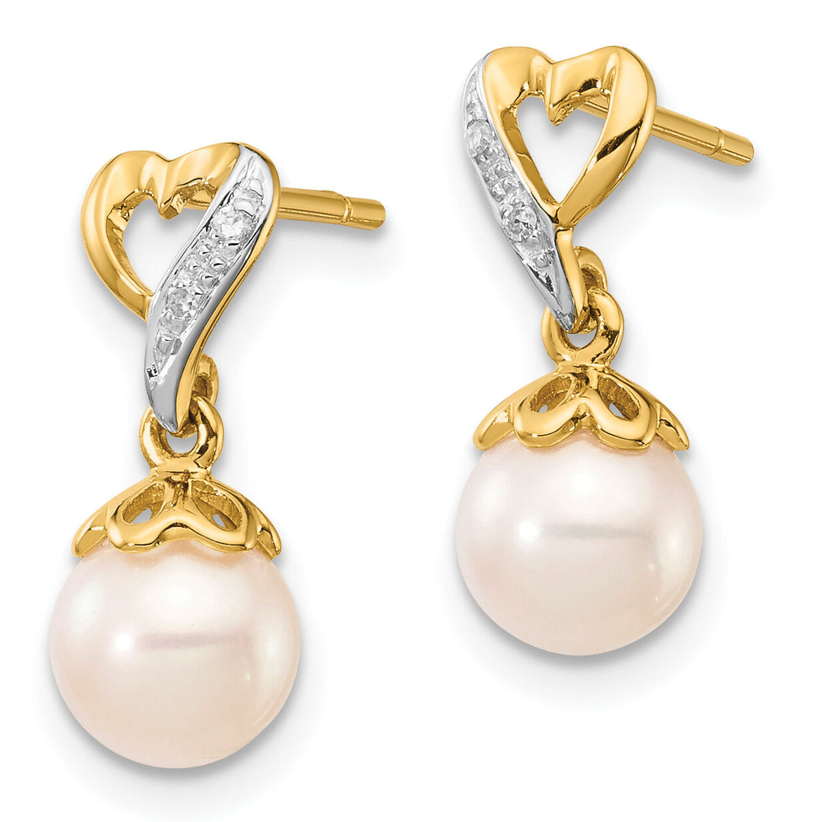 14k 6-7mm Round FWC Pearl .01ct Heart Diamond Dangle Earrings-XE2499AA