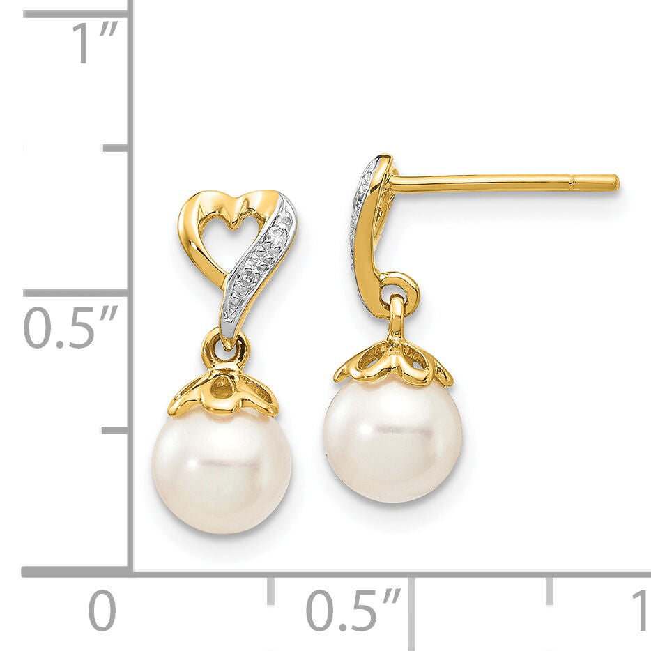 14k 6-7mm Round FWC Pearl .01ct Heart Diamond Dangle Earrings-XE2499AA