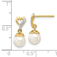 14k 6-7mm Round FWC Pearl .01ct Heart Diamond Dangle Earrings-XE2499AA