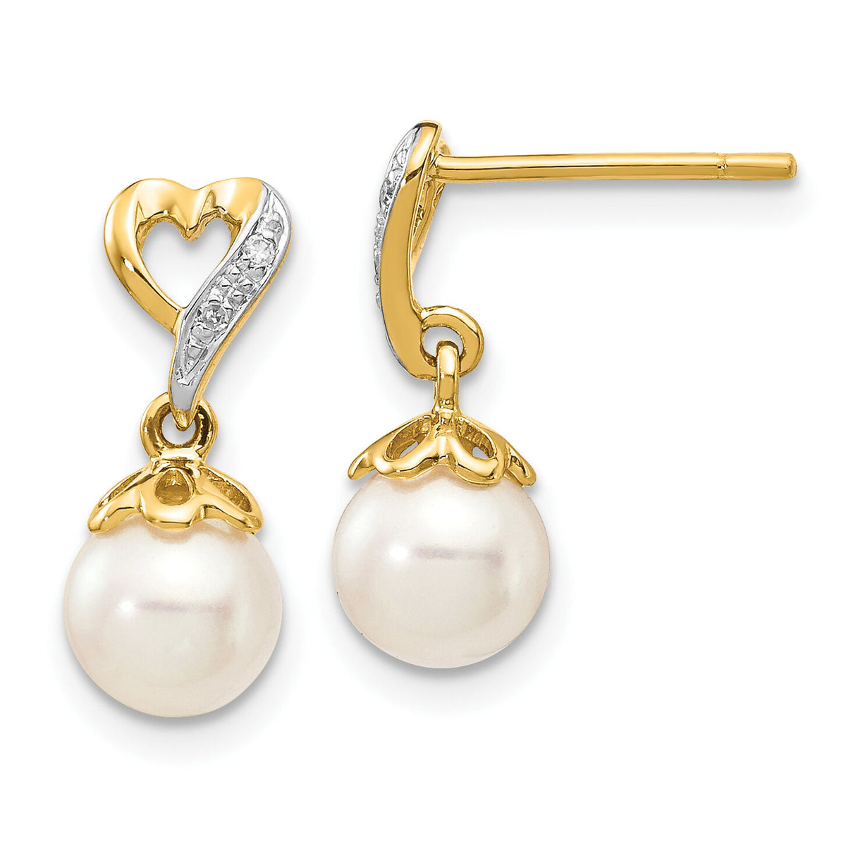14k 6-7mm Round FWC Pearl .01ct Heart Diamond Dangle Earrings-XE2499AA