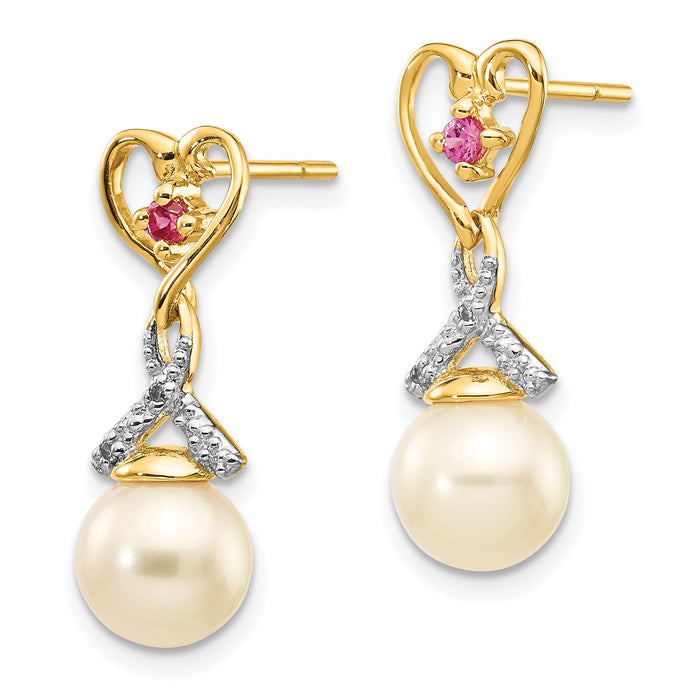 14k 7-8mm FWC Pearl Created Ruby Diamond Heart Dangle Earrings-XE2500AA