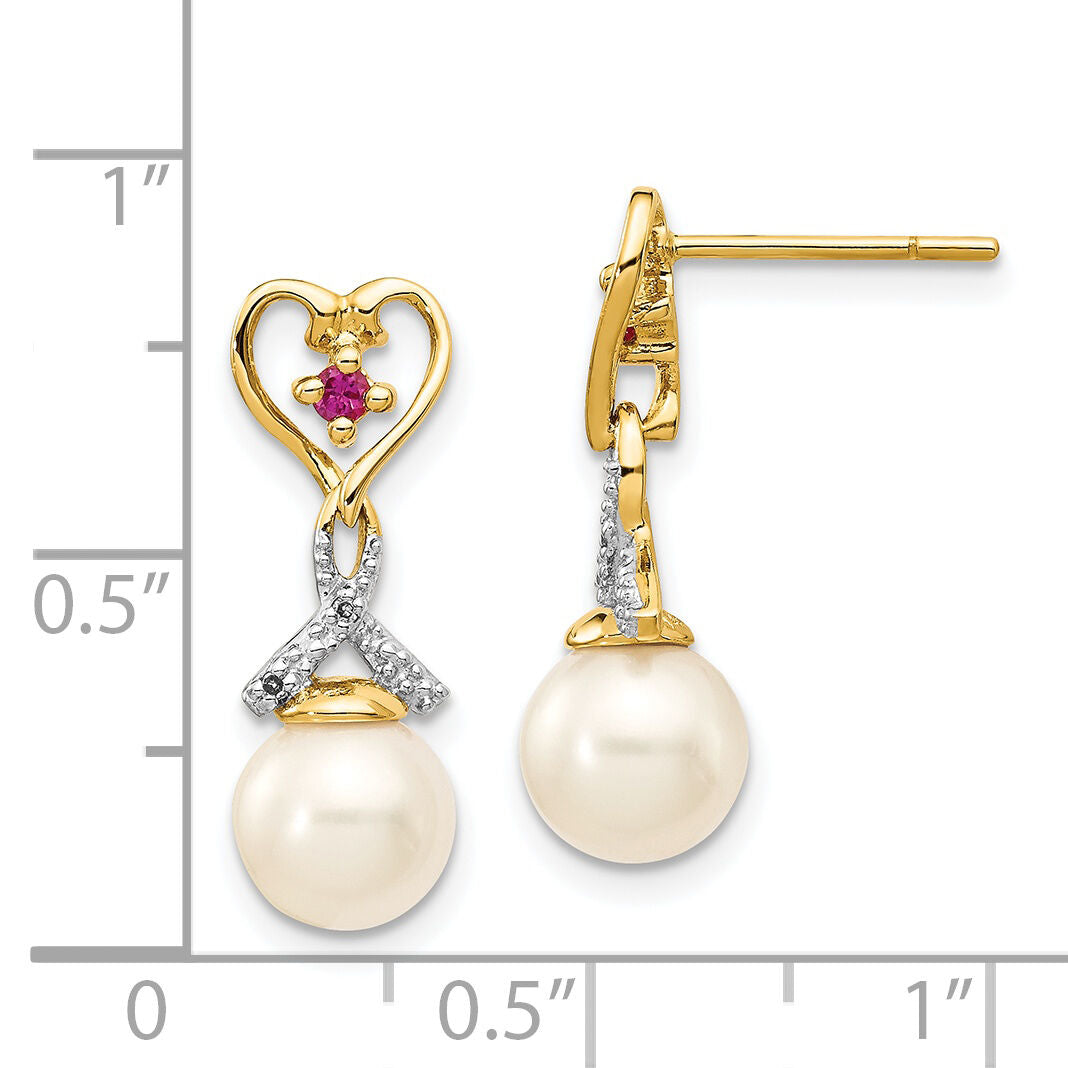 14k 7-8mm FWC Pearl Created Ruby Diamond Heart Dangle Earrings-XE2500AA