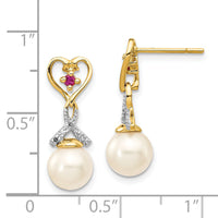 14k 7-8mm FWC Pearl Created Ruby Diamond Heart Dangle Earrings-XE2500AA