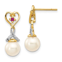 14k 7-8mm FWC Pearl Created Ruby Diamond Heart Dangle Earrings-XE2500AA