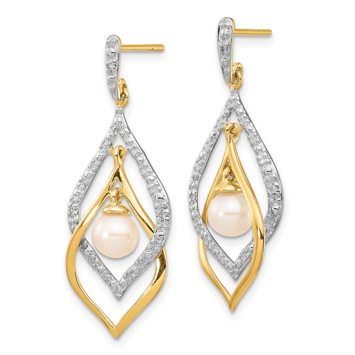 14k 5-6mm White Round FWC Pearl .02ct Diamond Dangle Earrings-XE2505AA