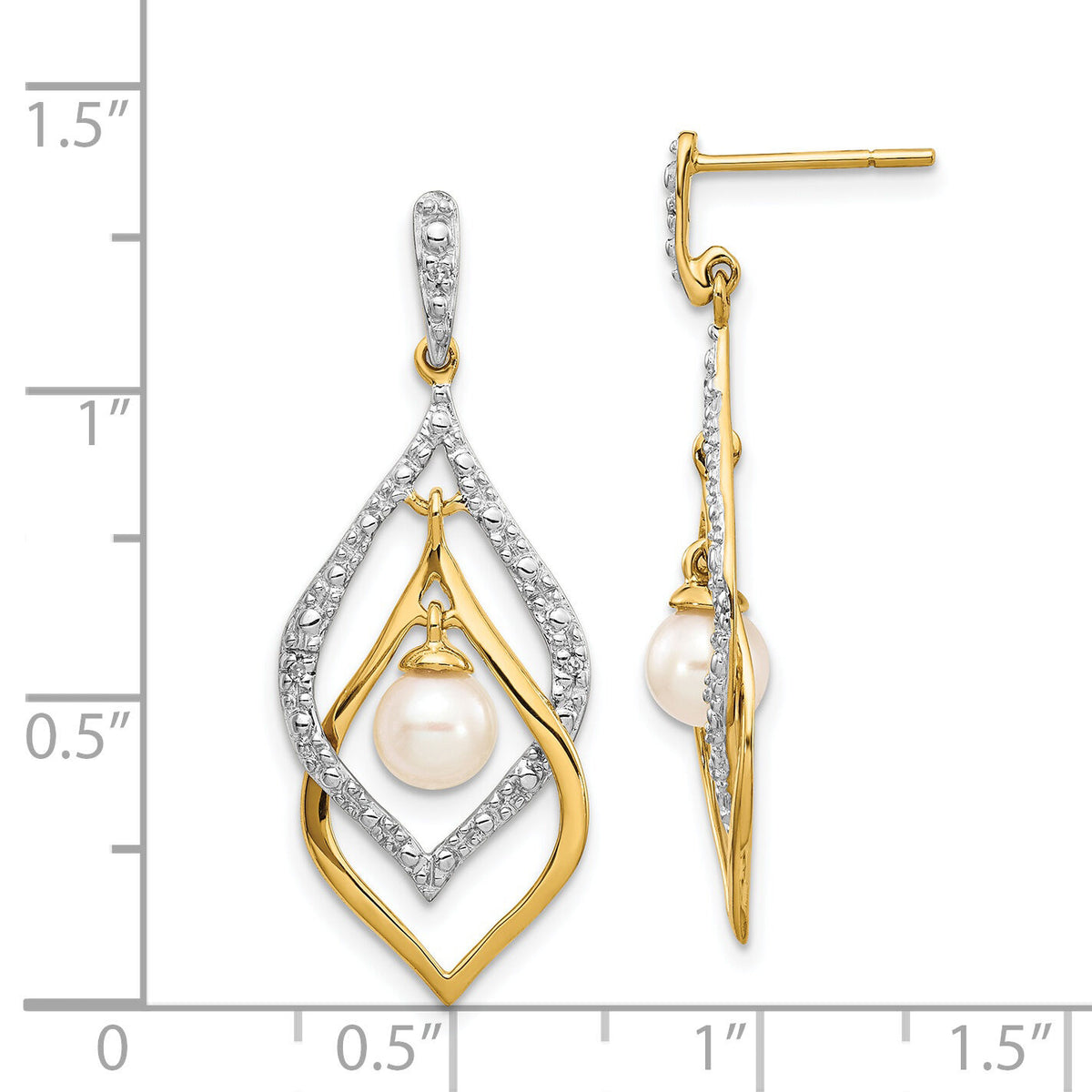 14k 5-6mm White Round FWC Pearl .02ct Diamond Dangle Earrings-XE2505AA