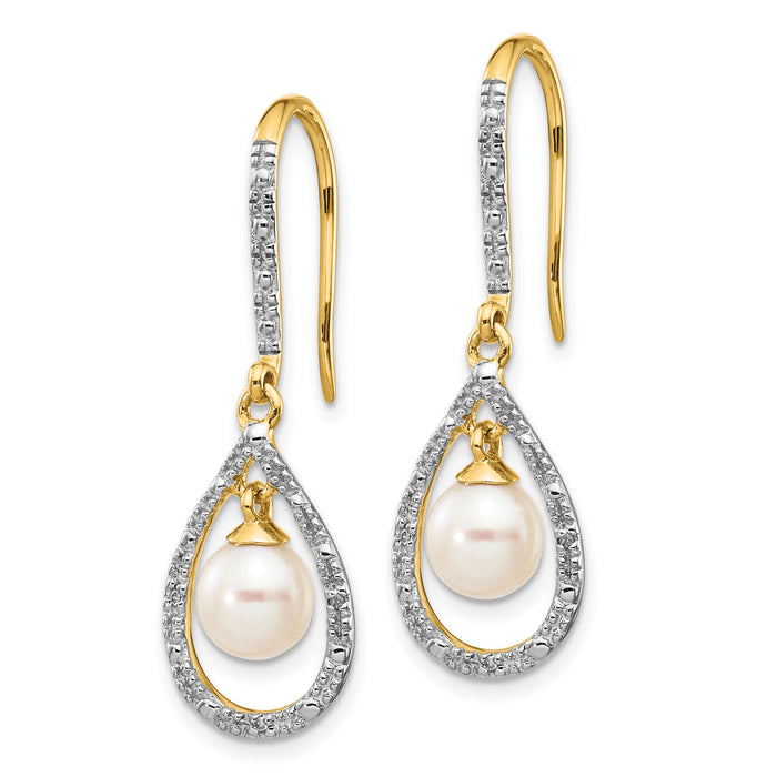 14k 6-7mm White Round FWC Pearl .02ct. Diamond Dangle Earrings-XE2507AA