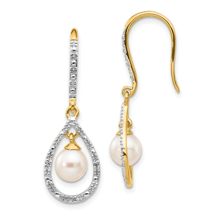 14k 6-7mm White Round FWC Pearl .02ct. Diamond Dangle Earrings-XE2507AA